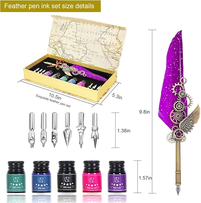 NC Quill Pen Set, Feather Pen With 5 Ink Bottles and 6 Replaceable Nibs, 1 Mechanical Quill, Calligraphy Pen for Writing, Letters, Diary, Signing, Invitation (Purple)