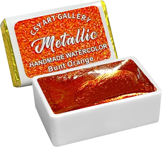 CSY art gallery Metallic Watercolor Paint Handmade Gold Watercolour Shimmer Mica Painting Full Pan Glitter Aquarelle (Bunt Orange)