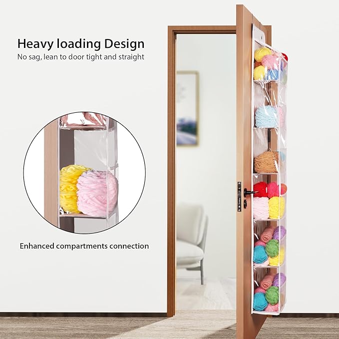 Univivi Door Hanging Yarn Storage Organizer, Knitting & Crochet Organizer with 6 Clear Plastic Pockets & 2 Big Metal Hooks for Knitting Needles, Crochet Hooks, Yarn Balls