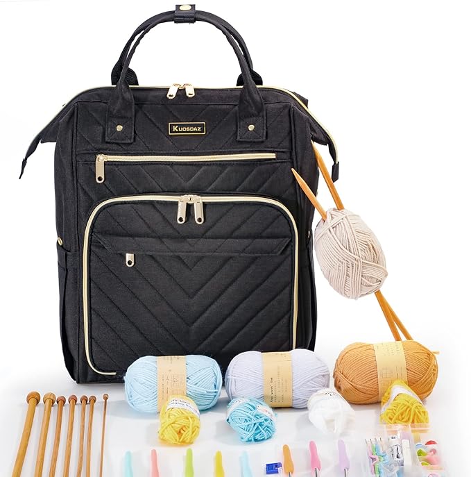 Knitting Bag Backpack, Yarn Organizer with USB Charging Port, Quilted Backpack for Women, Christmas Gifts Large Travel Crochet Bag Totes for Crochet Hooks, Knitting Needles, Yarn Supplies, Black