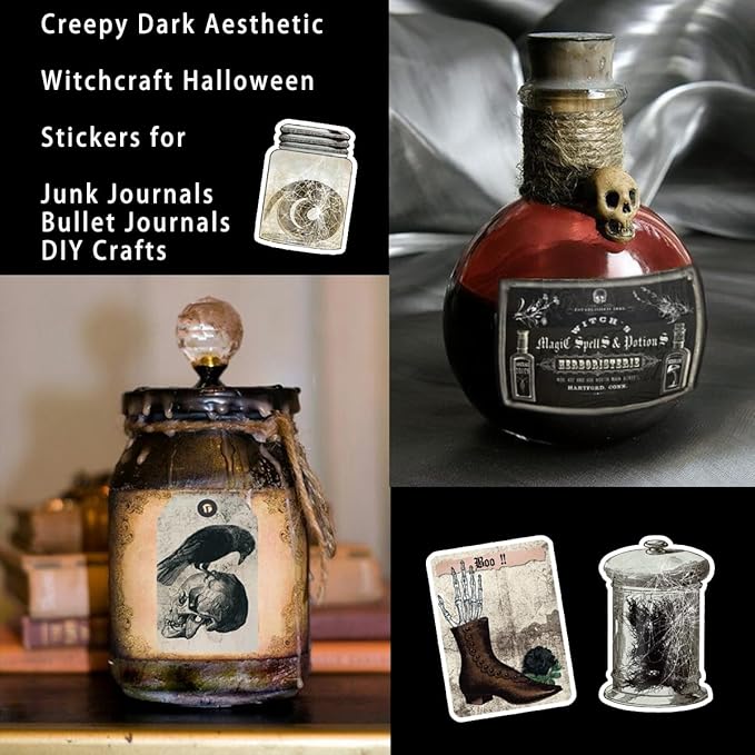 Prstincol 106 Pcs Potion Labels Stickers, Apothecary Sticker Dark Aesthetic Wine Bottle Sticker for Scrapbooking, Wicca Stickers for Junk Journal Bullet Journals DIY Crafts