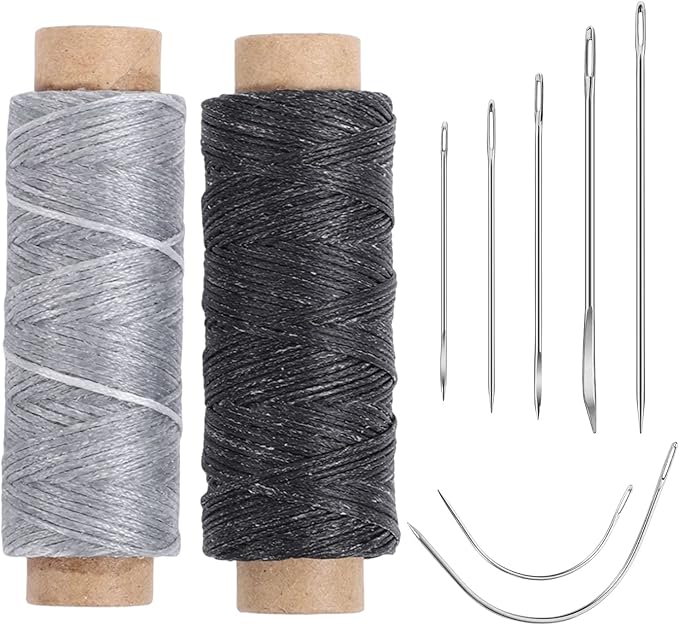 110Yards Waxed Thread with 7 Pcs Leather Needles for Hand Sewing 150D Flat Waxed Thread Repair Needles for Upholstery Canvas Bags Sofa Furniture
