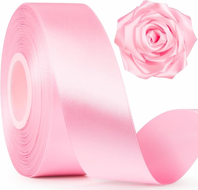 1-1/2 Inch Wide Pink Satin Ribbon, 50 Yards Solid Polyester Fabric Ribbon for Roses Making, Gift Wrapping, Valentine's Day, Wedding Decorations, Crafts, Bows, Flower Bouquets