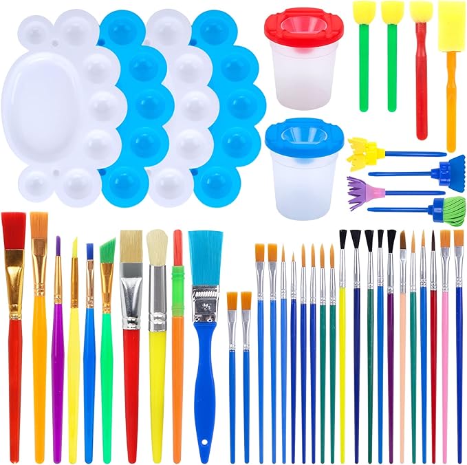 BigOtters Painting Brushes, 45PCS Kids All Purpose Paint Supplies Include Paint Cups with Lids Palette Tray Multi Sizes Brush for Children Gifts School Prizes Art Party