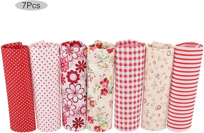 7Pcs Fat Quarters Fabric Bundles Sewing, 9.8×9.8in Red Flowers Square Cotton Precut Fat Sheets for DIY Patchwork Quilting Crafting