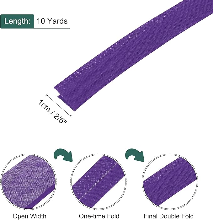 MECCANIXITY 2/5 Inch Double Fold Bias Tape Polyester Continuous Bulk Bias Tape for Sewing,Seaming Quilting Hemming Binding Crafts (Purple 10 Yards)