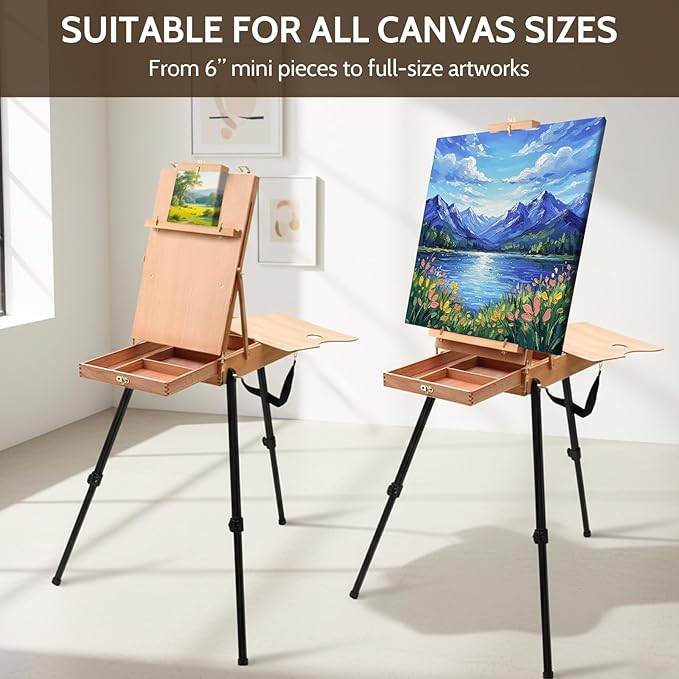 Falling in Art Light Weight French Style Field and Sketchebox Easel with Aluminum Tripod, Adjustable Beechwood Tripod Standing Easel with Drawer, Palette