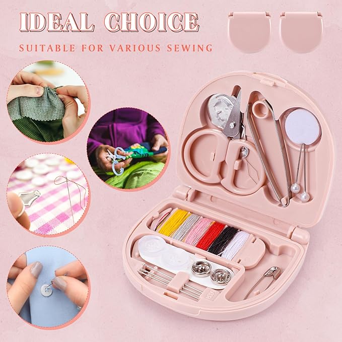 Yuxung 10 Pcs Mini Travel Sewing Kit Portable Emergency Repair Kit Mini Sewing Box with Threads Scissors Needles DIY Supplies for Beginner Traveler Hotel Charity(Light Pink)