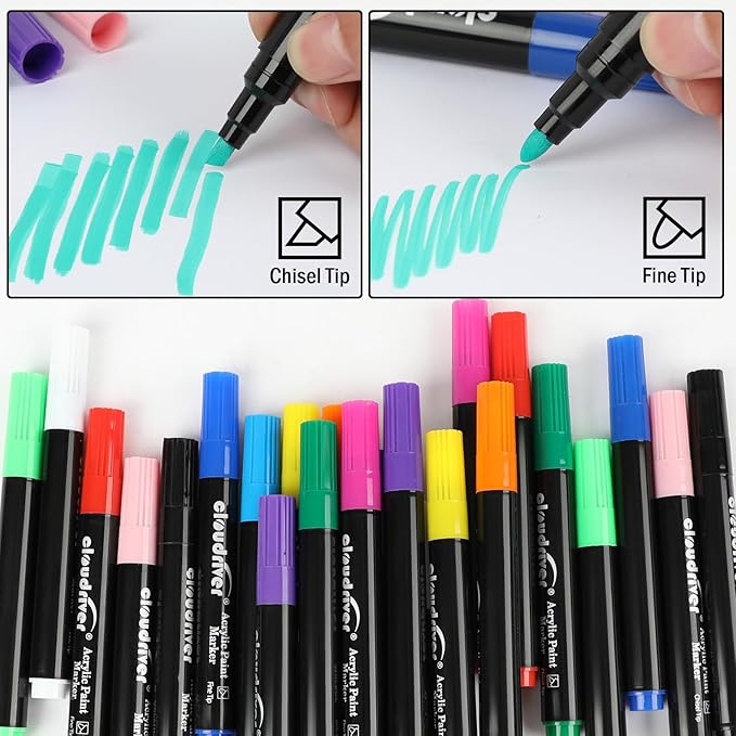 cloudriver Acrylic Paint Pens, 12 Colors Water-based Ink Markers, 24 Pack, Double Pack Of Fine and Chisel Tip Acrylic Paint Pens For Canvas, Rock Painting, Wood, Glass, Metal, Ceramic, stone