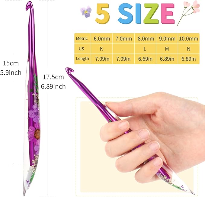 Coopay Large Crochet Hooks, 5 PCS Crochet Hook Set with Case (6mm, 7mm, 8mm, 9mm, 10mm), Floral Resin Grips - Beautiful & Ergonomic, Great for Crocheting Blankets, Dolls, Shawls, Hats, Scarves (J-N)