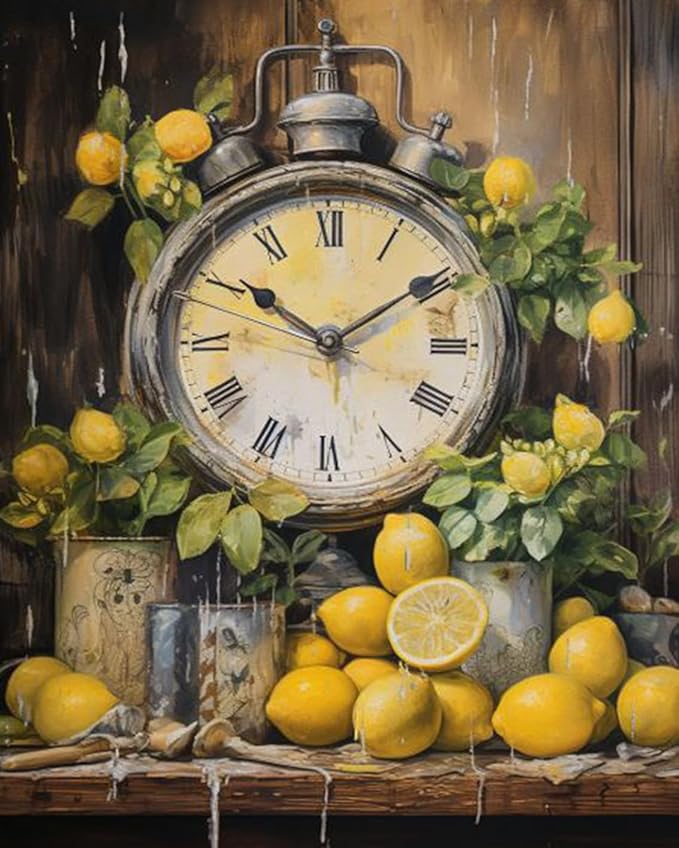 Farmhouse Kitchen Clock with Lemons Oil Painting Paint by Number Kits 16 x 20 inch Canvas Rustic Painting DIY Painting for Kids Students Adults Beginner with Brushes Acrylic Pigment(without Frame)