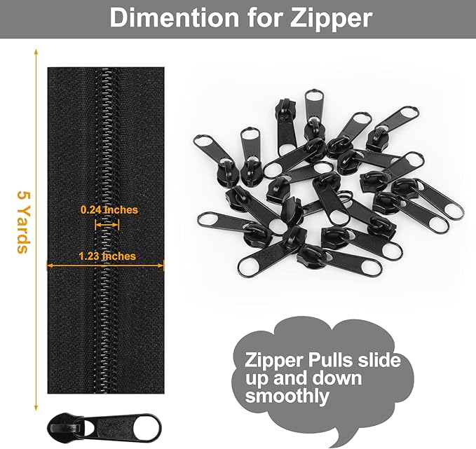 MiniRed 5Yards Bulk Zippers, (#5) Black Nylon Coil Zipper by The Yards for DIY Sewing Craft Bags with Replacement 20PCS Sliders (#5 Black)