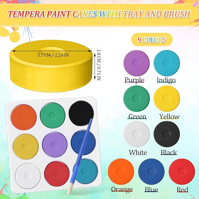 Nuanchu Tempera Paint Cakes 9 Assorted Colors Tempera Paint Set with Tray Brush Washable Draw Tray Palette Non Toxic Art Supplies for Painting Crafts Projects Back to Home Creative Party Favor