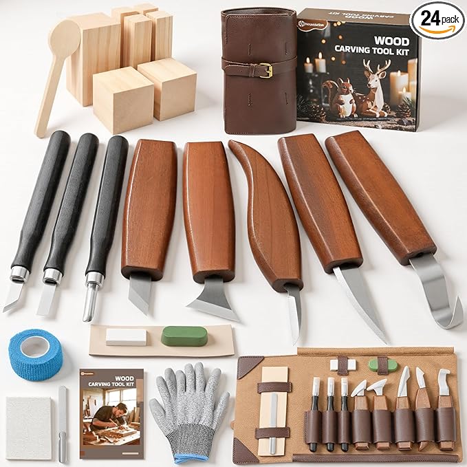 Housolution Wood Carving Kit with Leather Case, 24PCS Wood Carving Tools Whittling Kit Includes Carving Knives Carving Chisels Basswood Blocks Spoon Gloves, Woodworking Tools for Beginners DIY Hobbies