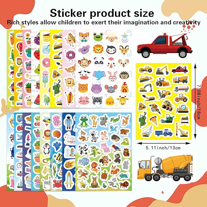 32 Sheets Stickers for Kids, 850 PCS + Cute Stickers Variety Pack for Kids, 16 Different Theme with Sea, Animal, Food, Dessert, Space, Fruit, Flowers, Cars and More