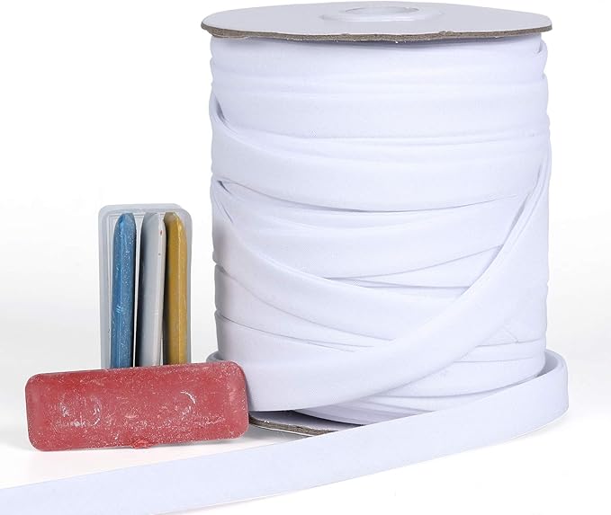 Bias Tape Double Fold 1/2 inch, Double Fold Bias Binding Tape 55 Yards (White) and 4 Pieces Sewing Fabric Chalks for Crafts, Sewing, Seaming, Hemming, Piping, Quilting.