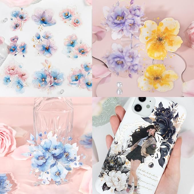60pcs Watercolor Flower Stickers, PET Transparent Gold Foil Floral Scrapbooking Supplies, Vintage Floral Decals for Journaling, Card Making, DIY Crafts, Planners, Collage, Albums