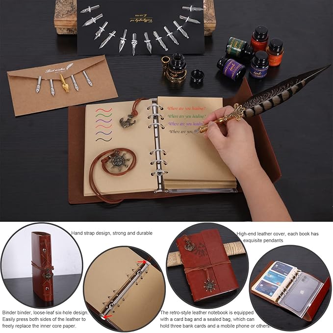Vintage Pheasant Quill Pen Ink Set,Feather Dip Pen Set with Classic Spiral Bound Leather Notebook,Beginners Glass Dip Pen Wood Calligraphy Pen Craft Decoration Pen,Best Gift Kit for Writing,Drawing