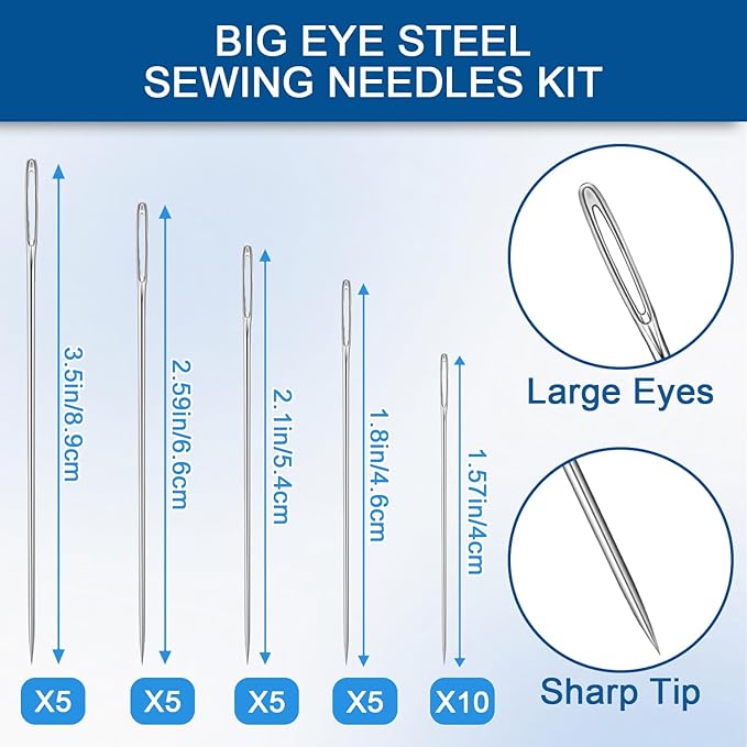 62Pcs Steel Needles for Hand Sewing, Big Eye Steel Sewing Needles Kit with Case, Portable DIY Craft Kits for Adults, Beginner, Emergency,Home,Travel (Blue)