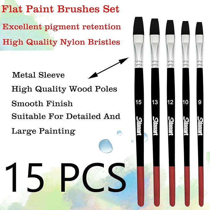 Flat Paint Brushes,15 PCS Different Sizes Flat Paint Brush Set for Watercolor Acrylic Gouache Oil Ink and Face Body Painting,Professional Art Paintbrush for Artists and Beginners