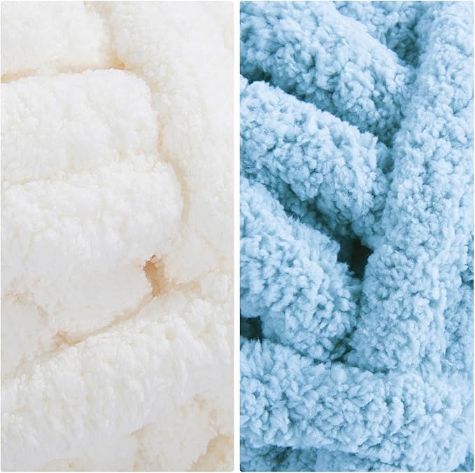 HOMBYS 8 Pack Assorted Chunky Yarn for Crocheting,Super Bulky Large Soft Fluffy Yarn,Plush Fuzzy Yarn,Thick Chenille Yarn for Hand Knitting/Arm Knitting,4 Cream & 4 Sky Blue(27yds,8 oz Each Skein)