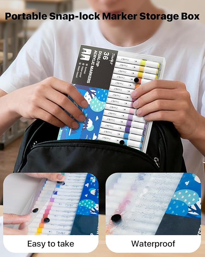 JusArt 36 Colors Dual Tip Acrylic Paint Markers with Dot and Fine Tip, No-Bleed Paint Pens and Waterproof Markers for Rock, Wood, Glass, Ceramic - Vibrant Art Supplies for Kids, Beginners & Artists