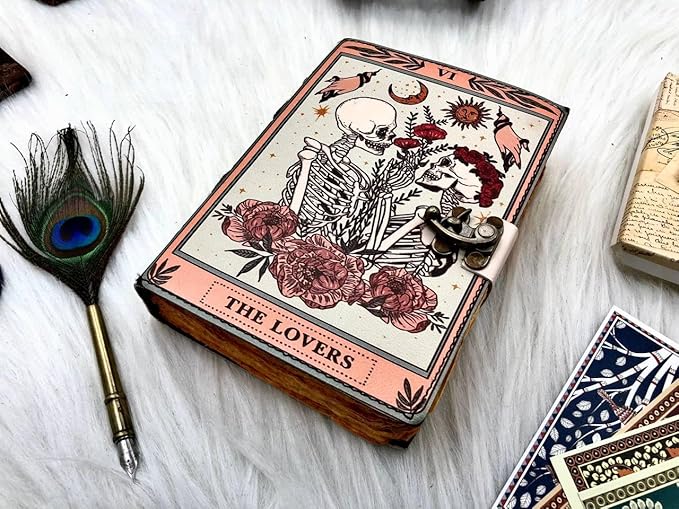 Book of Spells Leather Journal Deckle Edge Paper Grimoire Printed Journal The Lovers Tarot Notebook Spiral Gothic Notebook Skull lover Antique Vintage Leather Journals for Men and Women