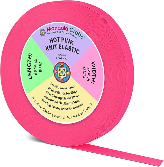 Mandala Crafts Wide 1/2 Inch Hot Pink Elastic Bands Spool for Pants Waistbands Sewing and DIY Crafts, 88 YD Stretchy Flat Fabric Strap Knit Elastic Band for Wig