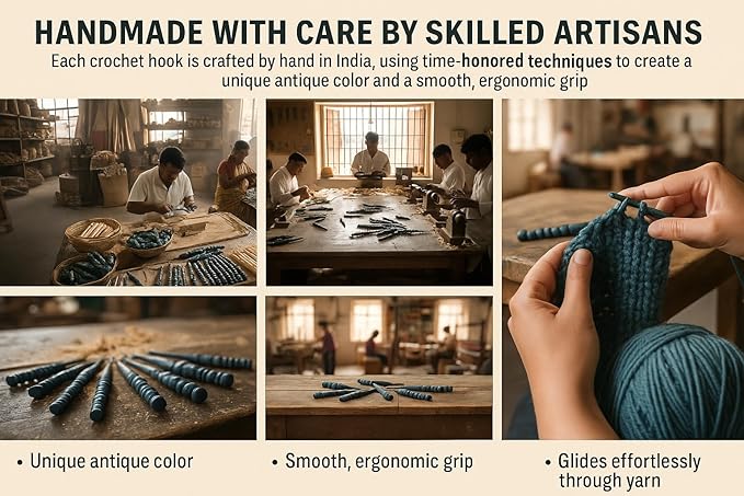 Handmade Ergonomic Wooden Crochet Hooks for Arthritic Hands (Set of 7) Needles for Yarn Accessories | Size 4 mm to 10 mm with Engraved | Yarn Tool (Green)