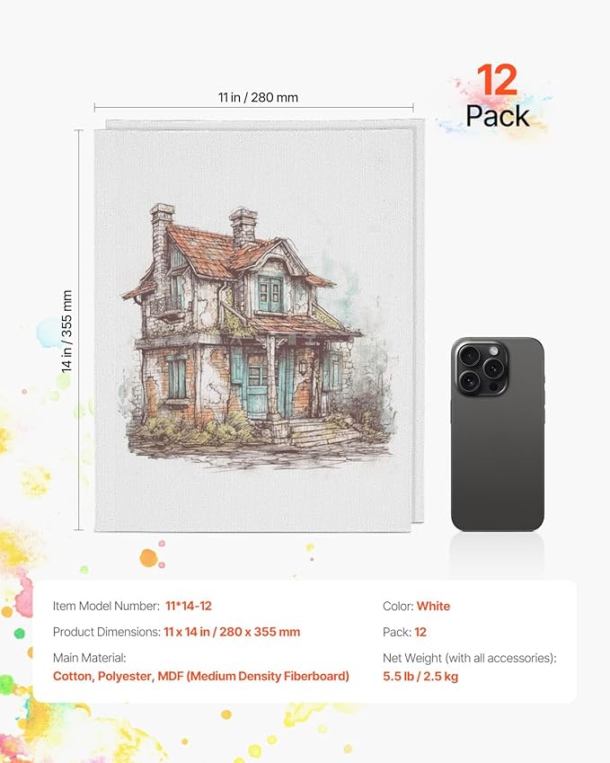 VEVOR Canvas Boards for Painting, 11 x 14 Inch White Canvases for Painting, 12 Pack Painting Canvas Panels for Sketching, Acrylic and Oil Painting, Watercolor, Paint Canvas for Kids and Professionals