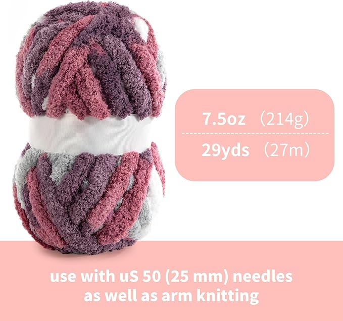 HOMBYS 12 Pack Giant Chunky Yarn for Crocheting & Knitting, Super Bulky Soft Fluffy Tie Dye Plush Fuzzy Mixed Color Thick Chenille Yarn (Red, Purple)