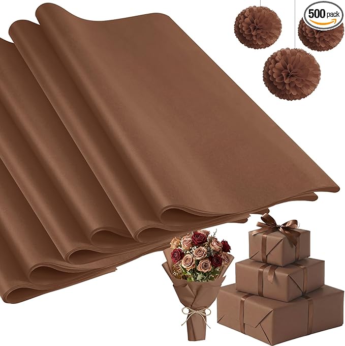 Qilery 500 Sheets Brown Tissue Paper Bulk 15 x 20 Inch Chocolate Brown Wrapping Paper for Gift Bags Acid Free Retro Tissue for Valentine's Day Craft Supplies, Bouquet, Forming Pompoms, Party Decor