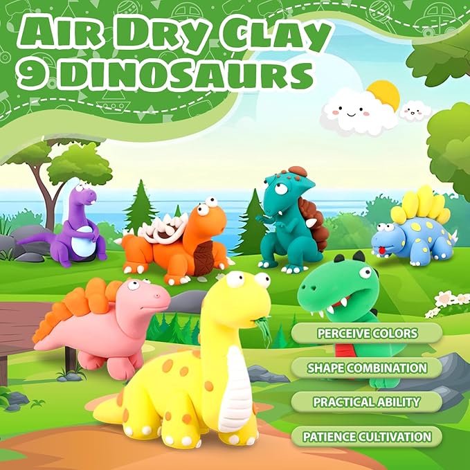 Air Dry Clay Kits: 9 DIY Dinosaur Clay Kit for Kids 3+, Child-Safe Modeling with Guides, Creative Birthday & Christmas Gift for Boy & Girl