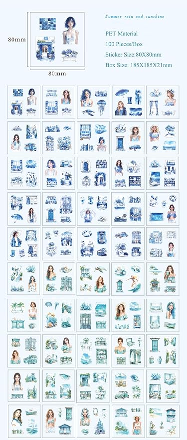 MAFELOE 100 Sheets of Box Set PET Scrapbook Stickers, Aesthetic Deco Junk Journaling Supplies for Planner Art Collage-Season Series-Blue (HZ-M4-HKSJ)
