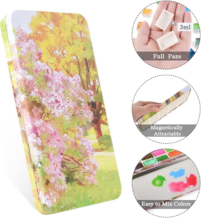 Portable Watercolor Paint Palette with Tins, Lightweight Empty Full Pans with Magnetic Squares, Metal Paint Tray Palettes for Travel, Acrylics Painting and Art, 20Full Pans,Pastoral