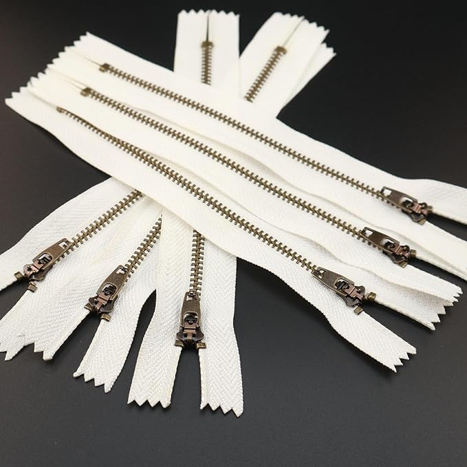 Leekayer 3# Jeans Zipper 8 Inch Antique Brass Metal Zipper 20.32cm Close End Zippers 6pcs,(White-Brass)