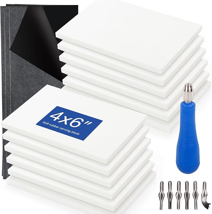 Falling in Art Carving Blocks Stamp Making kit, Linoleum Blocks Printing Kit with 6 Shaped Blades Cutting Tool,12 Pack Rubber Carving Blocks and 3 Carbon Papers for Printmaking, Stamps, Crafts