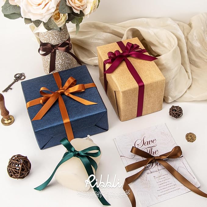 Ribbli Turftan Brown Satin Ribbon Double Faced Satin 1/2 inch x Continuous 50 Yards- Light Brown Ribbon for Gift Wrapping Crafts Wedding Decoration Bows Bouquet Floral Arrangement