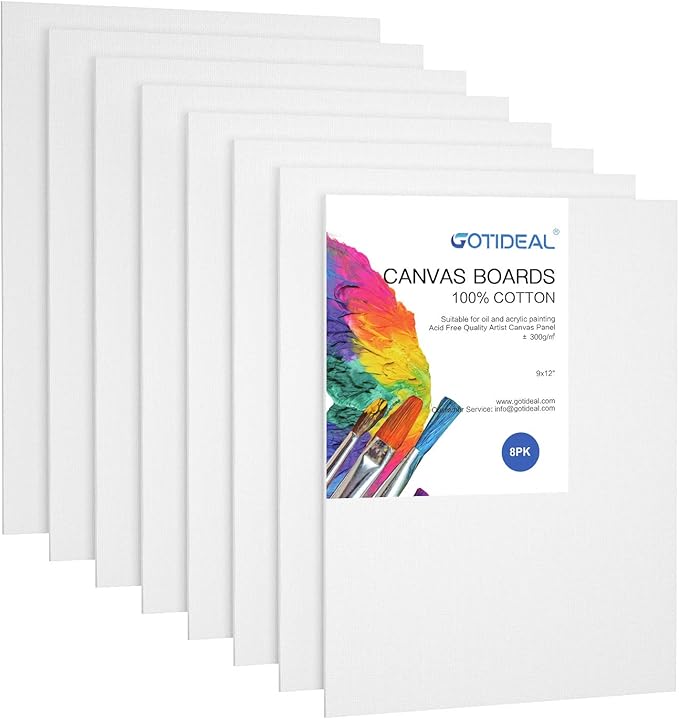 GOTIDEAL Canvases for Painting, 9x12 inch of 8, Professional Primed White Blank Flat Canvas Panels- 100% Cotton Artist Canvas Boards for Acrylics Painting, Oil Watercolor Tempera