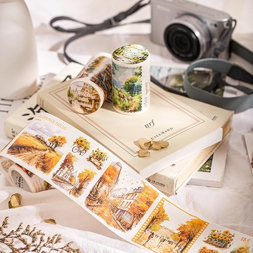 6 Rolls Seasonal Landscape Washi Tape Set, Nature-Inspired Stickers for Journaling, Scrapbooking, and DIY Crafts, with Decorative Clip
