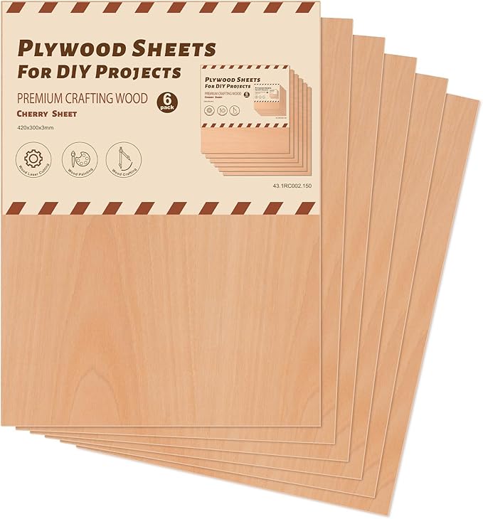 ROBOTIME 6-Pack Laser Wood Sheets 1/8" - 12 x 16 x 1/8 Inch - Cheery - 3mm Plywood for Laser Cutting, Laser Engraving Blanks