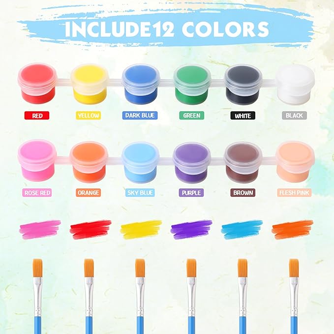 Qilery 840 Pcs Mini Acrylic Paint Set 60 Set 12 Colors Washable Paint Strips 60 Pcs Flat Brushes 60 Pointed Brushes for Arts Christmas Crafts Birthday Party Favors(2 ml)