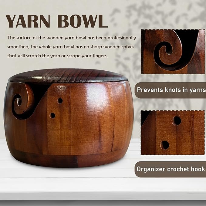 Wood Yarn Bowl with Lid, Crochet Bowls for Yarn,Knitting Yarn Bowl with Holes Storage,Yarn Holder Bowl for Crocheting and Knitting 7X4in,Knitting Bowl for Handmade Crocheting Accessories