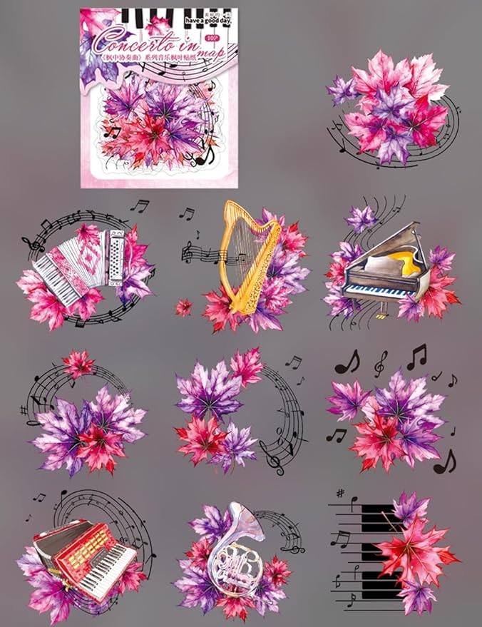 MAFELOE Scrapbook Stickers of 10 Pieces, PET Aesthetic Deco Stickers Journaling Supplies for Junk Bullet Bottles Laptop- Maple Leaf&Music Series-F