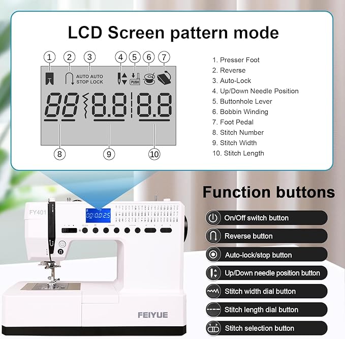 FEIYUE FY401 Electronic Sewing Machine, 60 Stitches, Digital LCD, Easy One-Touch Operation, Portable & Versatile for Beginners and Crafters, Home Sewing & DIY Projects