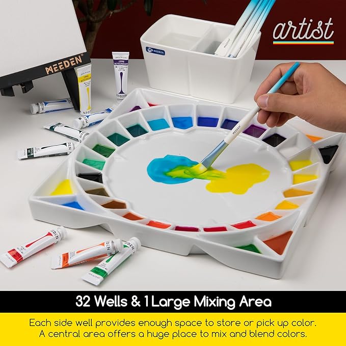 MEEDEN Large 32-Well Ceramic Watercolor Palette with Lid, Porcelain Paint Palette for Watercolor Painting with Cover, Big Mixing Tray for Artist, 12-3/5-Inch Square,White