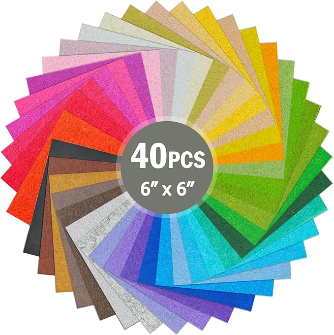 40PCS Felt Fabric Sheets Craft - 6"x 6" Assorted Colors - 1mm Thick Square Nonwoven Felt Fabric for Crafts DIY