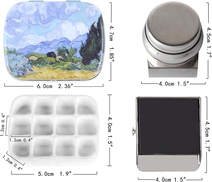 Portable Mini Tin Box,12-Well Empty Watercolor Palette,Small Paint Storage Travel Artist Outdoor Sketch Watercolor Kits with Magnetic Clip and Oil Pot.Wheat Field