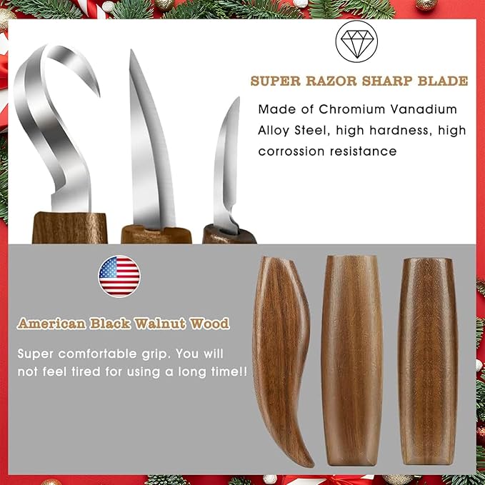 WAYCOM 12pcs Wood Whittling Kit Wood Carving Tools Set Hook Carving Knife,Detail Wood Knife,Whittling Knife Cut Resistant Gloves Leather Sheath And Bamboo Present Box For Spoon,Bowl,Cup