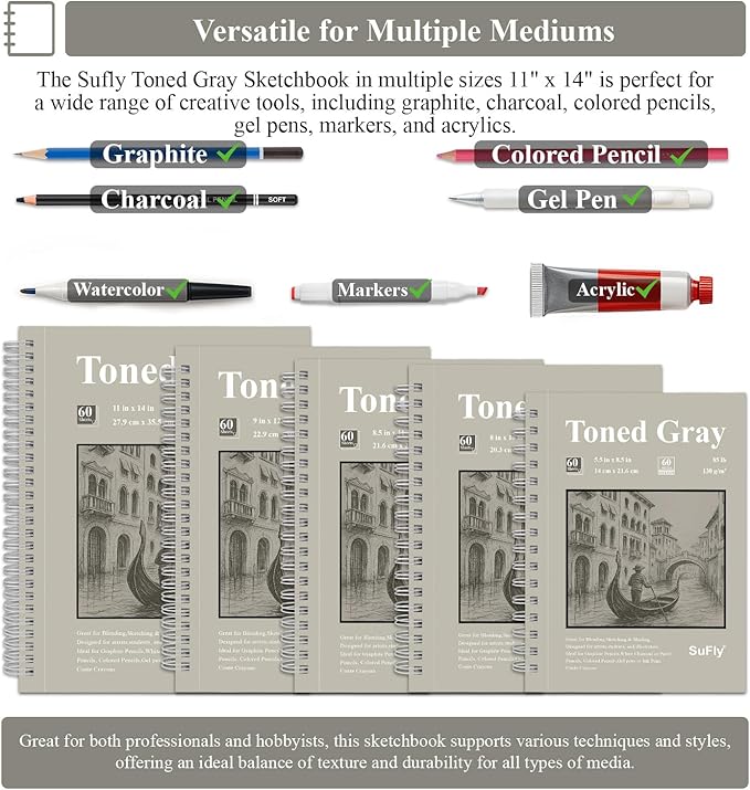 SuFly Gray Toned Sketch Pad, 11" x 14" - 60 Sheets Spiral Bound Sketchbook, 85lb/130gsm Toned Gray Paper for Graphite, Charcoal, Colored Pencils and Gel Pens.